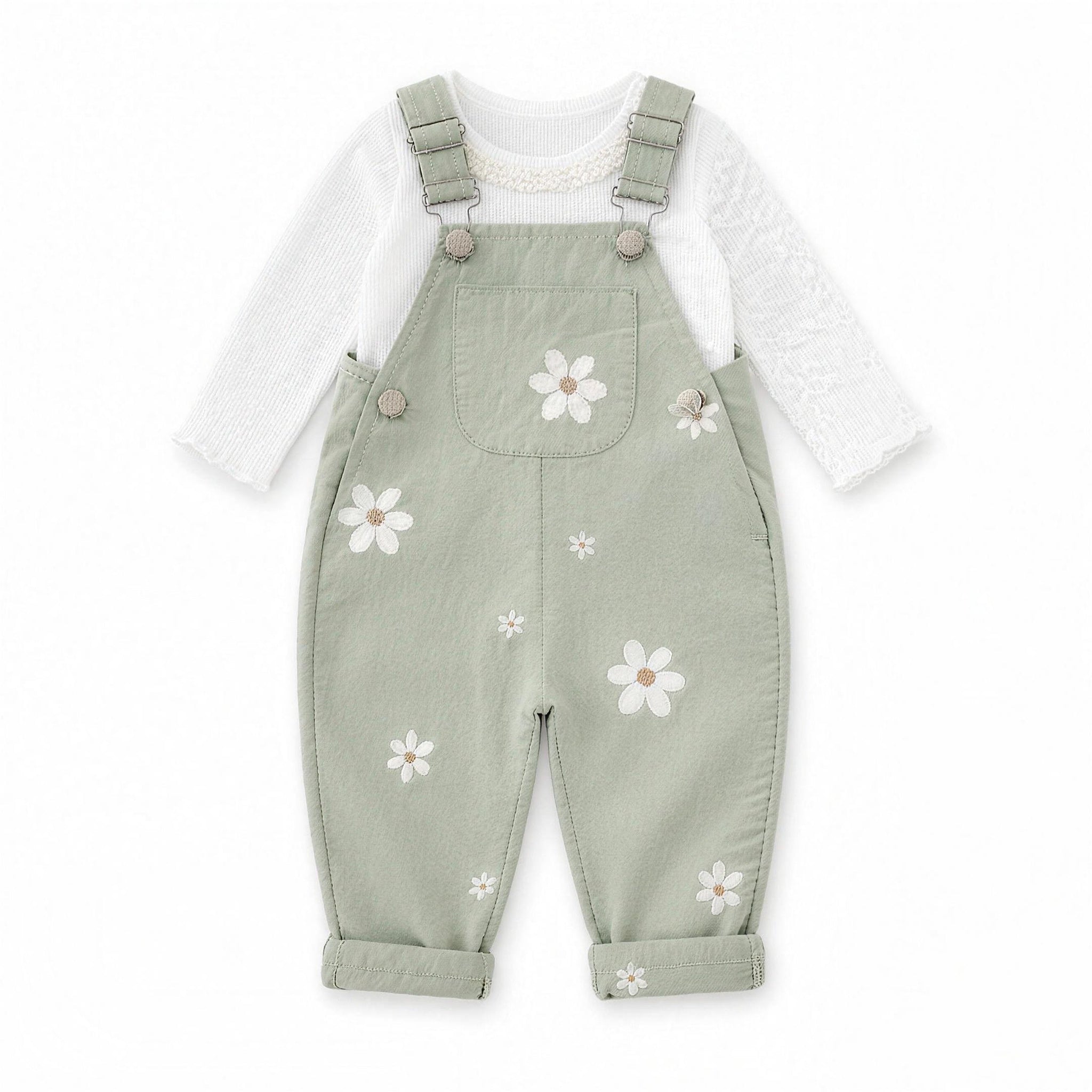 Daisy Embroidered Overalls - Sage Green