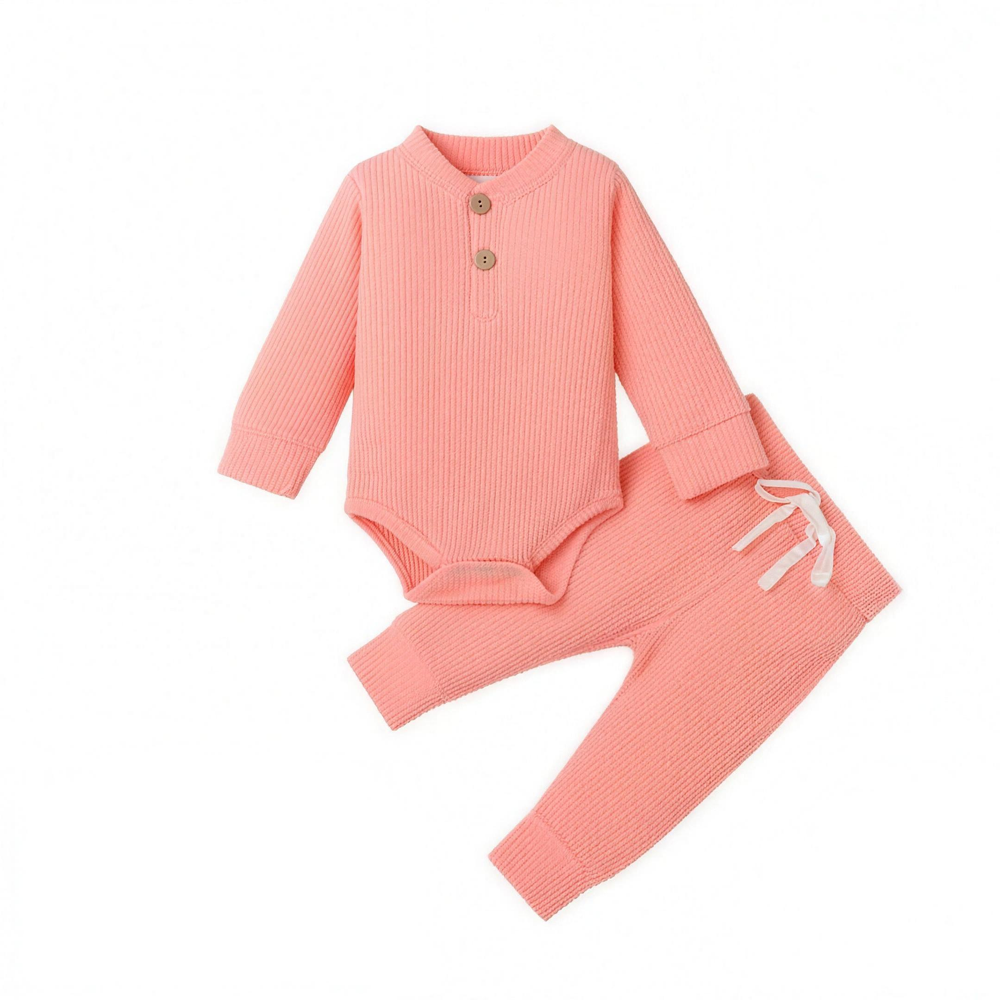Ribbed Henley Outfit Set - Salmon - professional studio photo