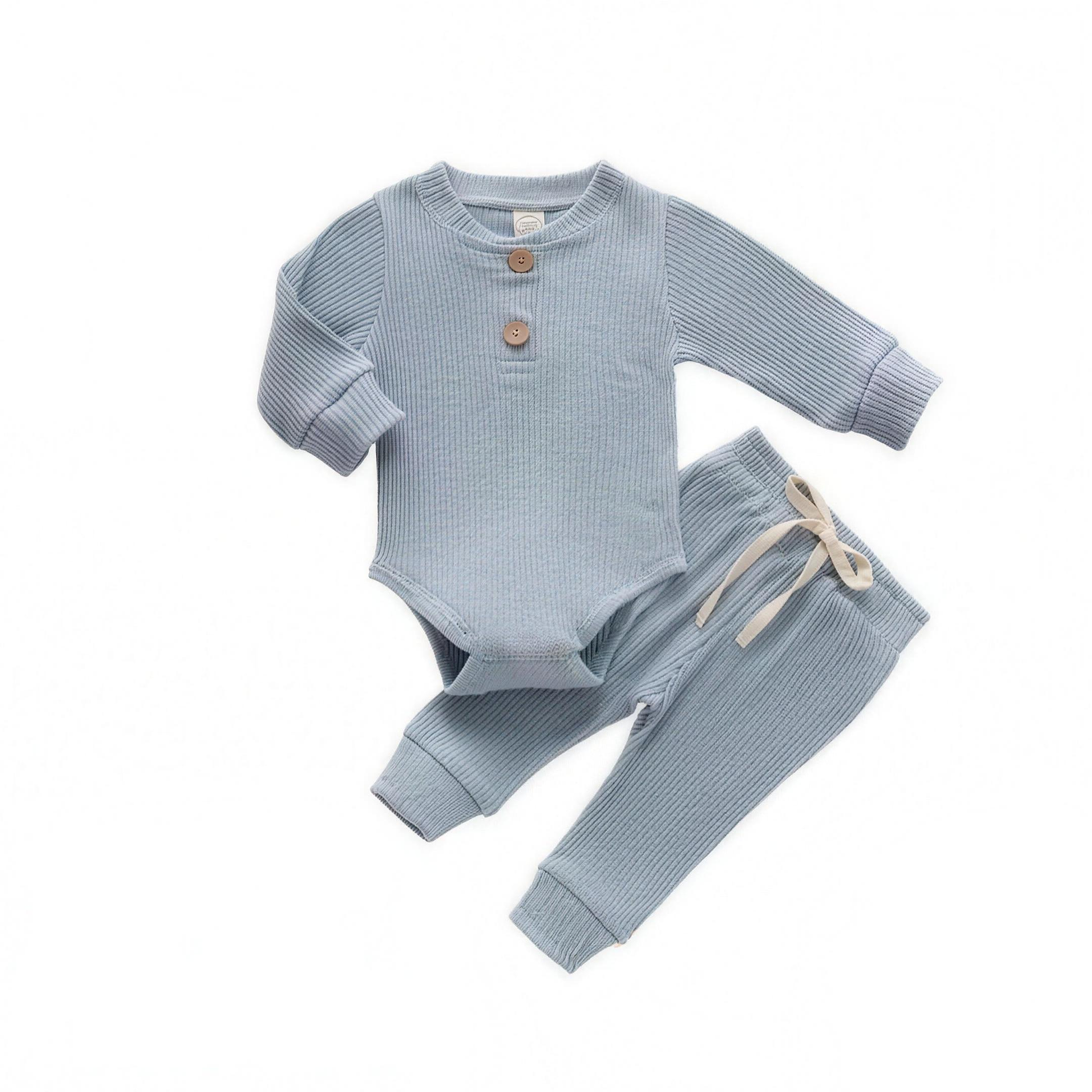 Ribbed Henley Outfit Set - Slate Blue - professional studio photo