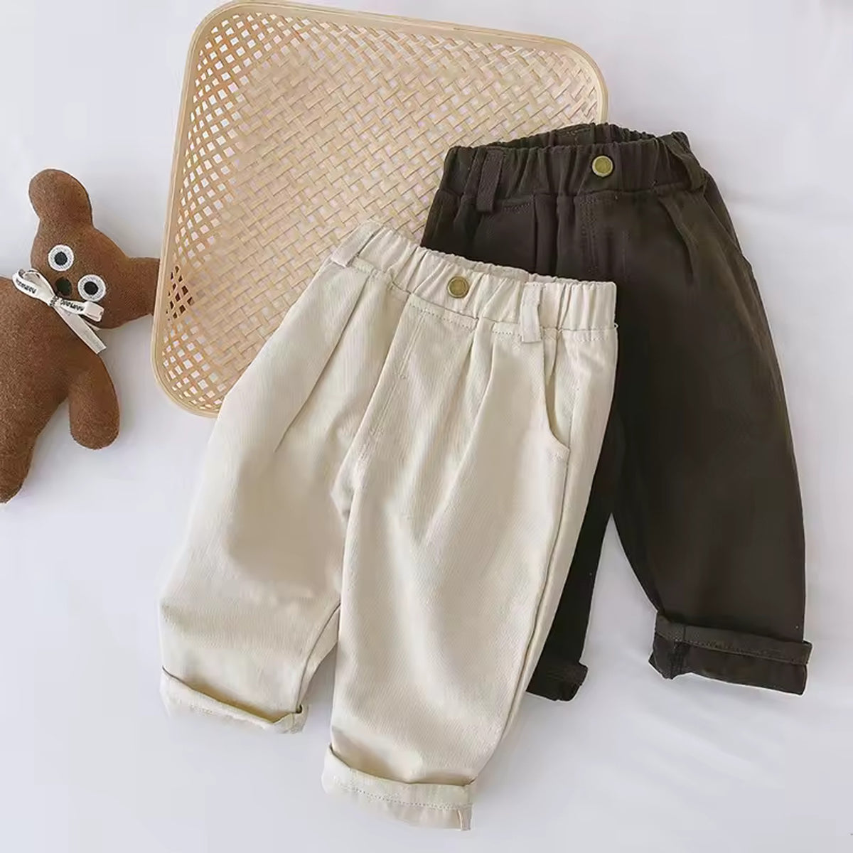 Pleated Straight Leg Pants - Beige and Dark Brown together