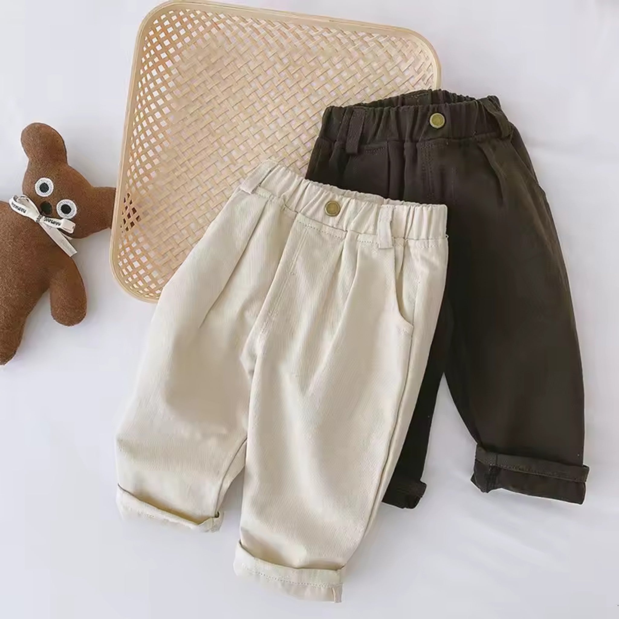 Pleated Straight Leg Pants - Beige and Dark Brown together