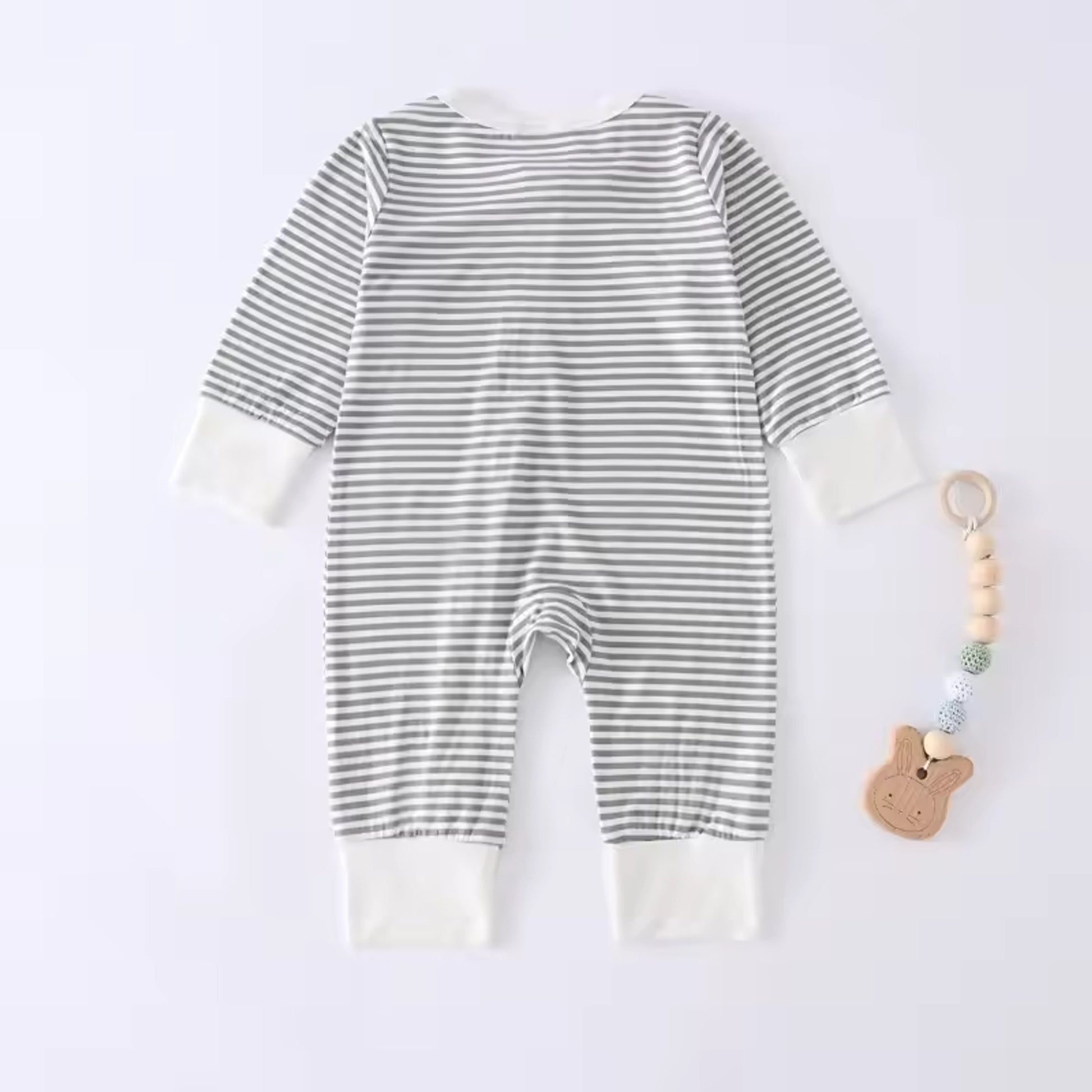 Grey Stripe Bamboo Romper - back