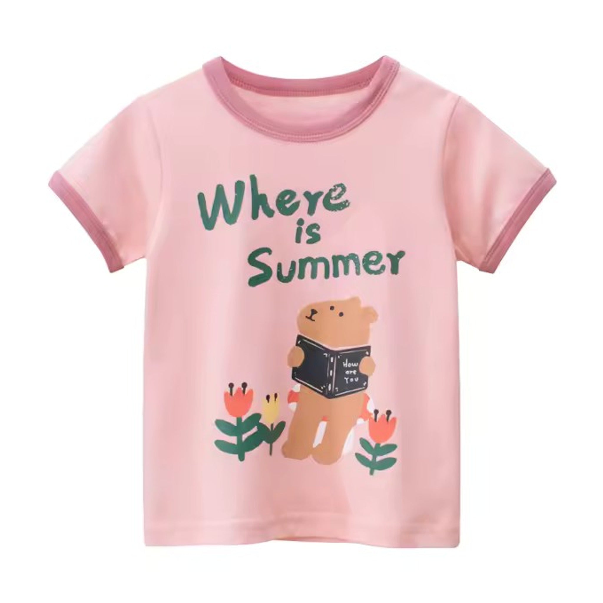 Summer Bear Tee, girls baby and toddler t-shirt detail view, professional product photo on white background