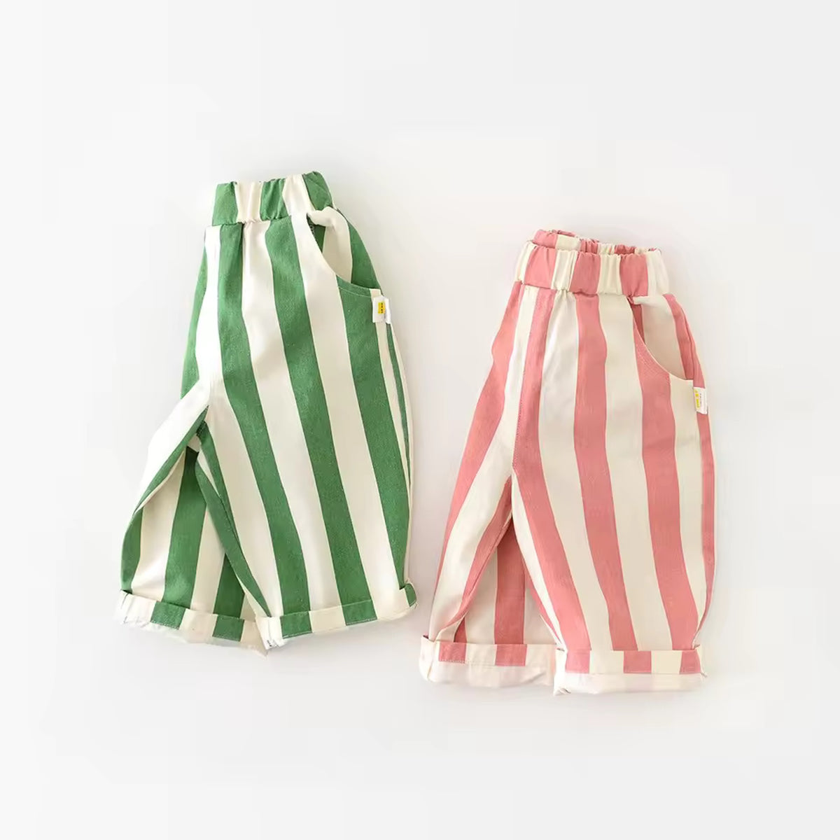 Summer Striped Toddler Pants, Pink and Green colors side by side