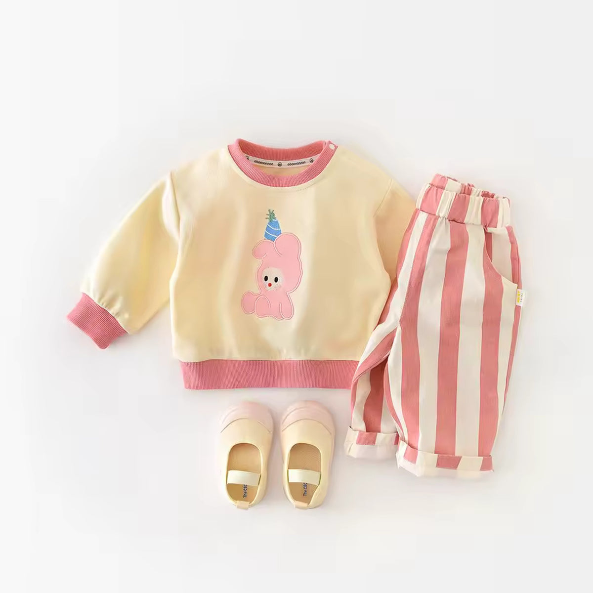 Summer Striped Toddler Pants in Pink, styled with matching sweatshirt and shoes