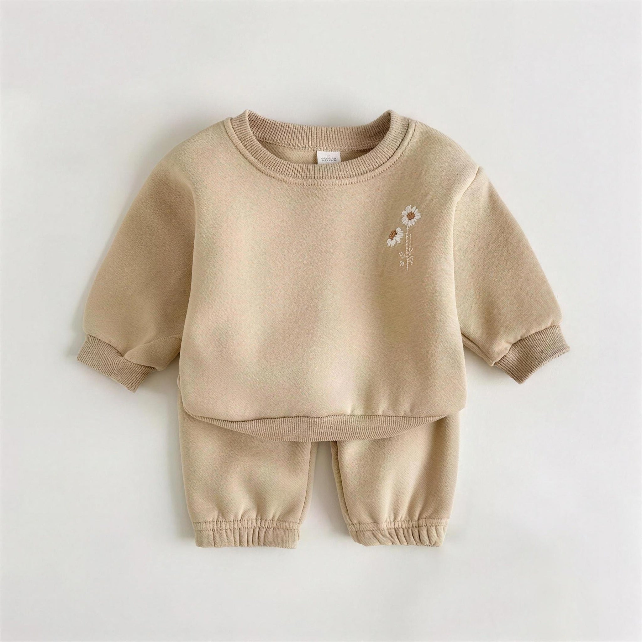 Daisy Embroidered Fleece Set - Tan - professional product photo on white background