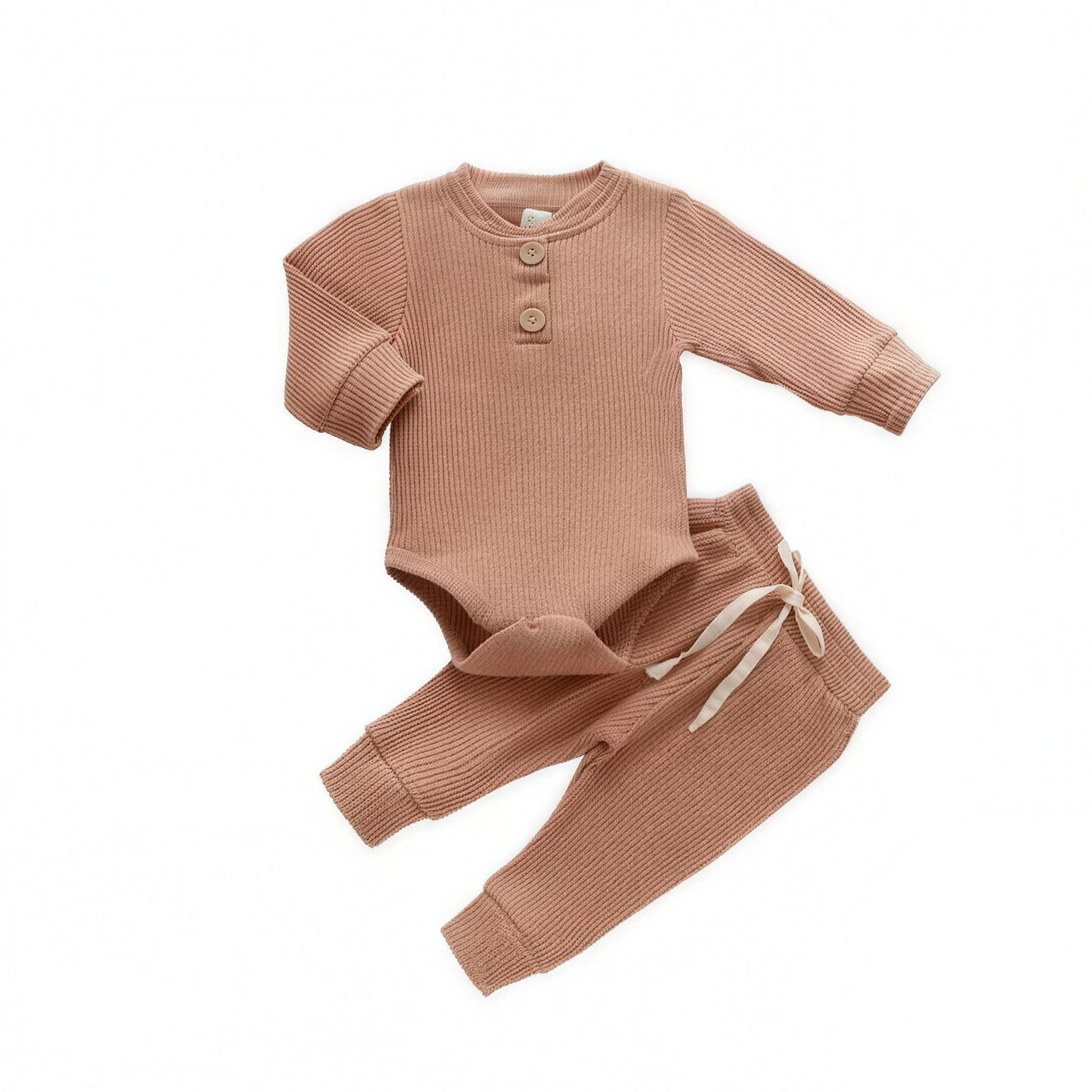 Ribbed Henley Outfit Set - Tan - professional studio photo