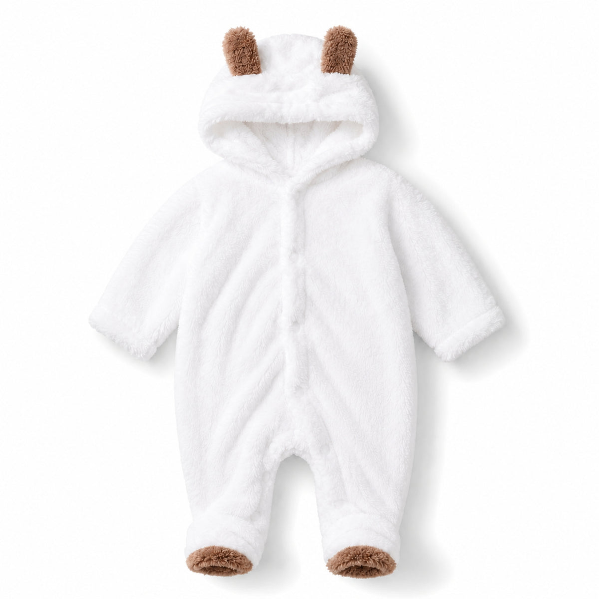 Teddy Bear Baby Romper in Plush Brownteddy Plush White - baby and toddler clothing, professional product photo