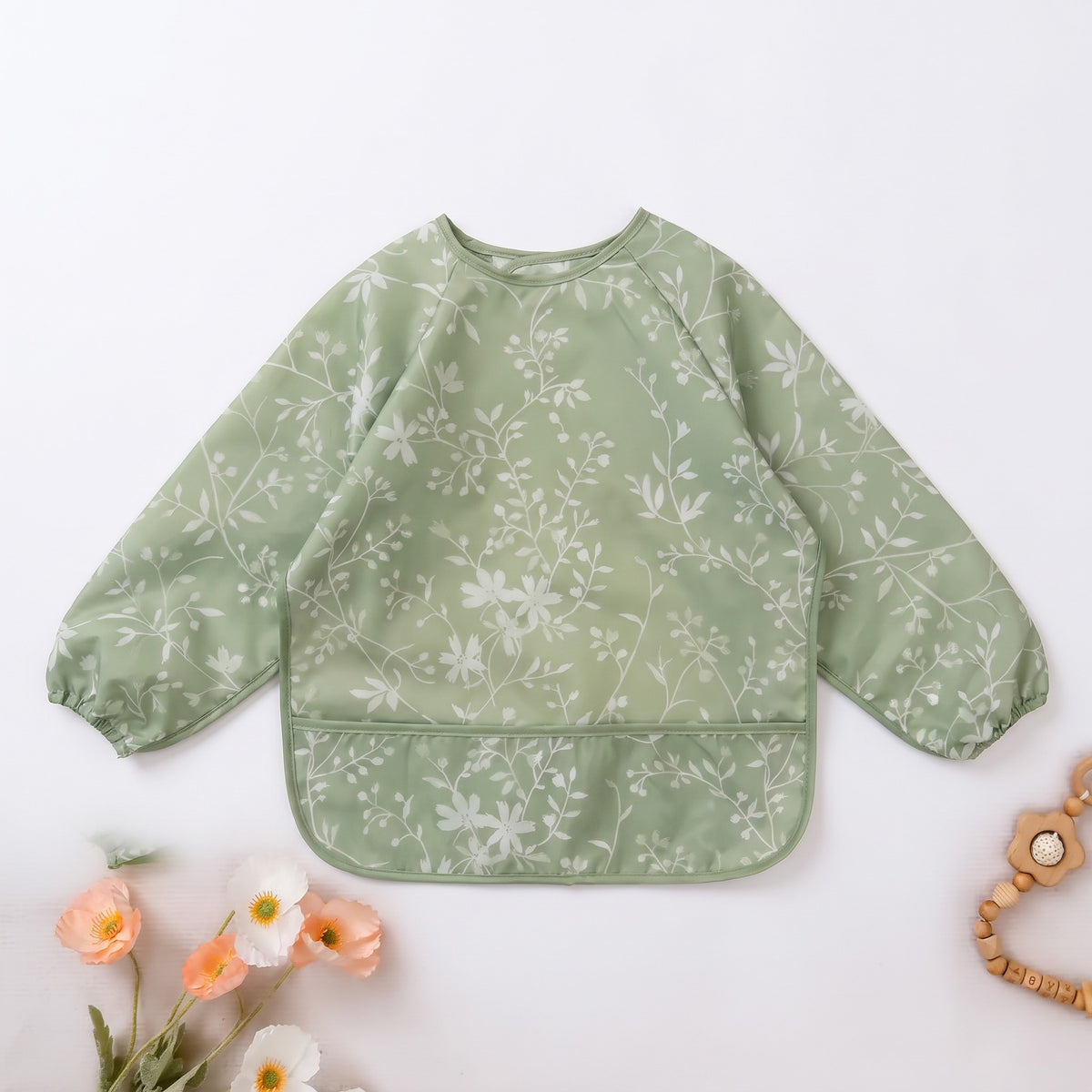 Waterproof Sleeve Feeding Bib - Sage Botanical