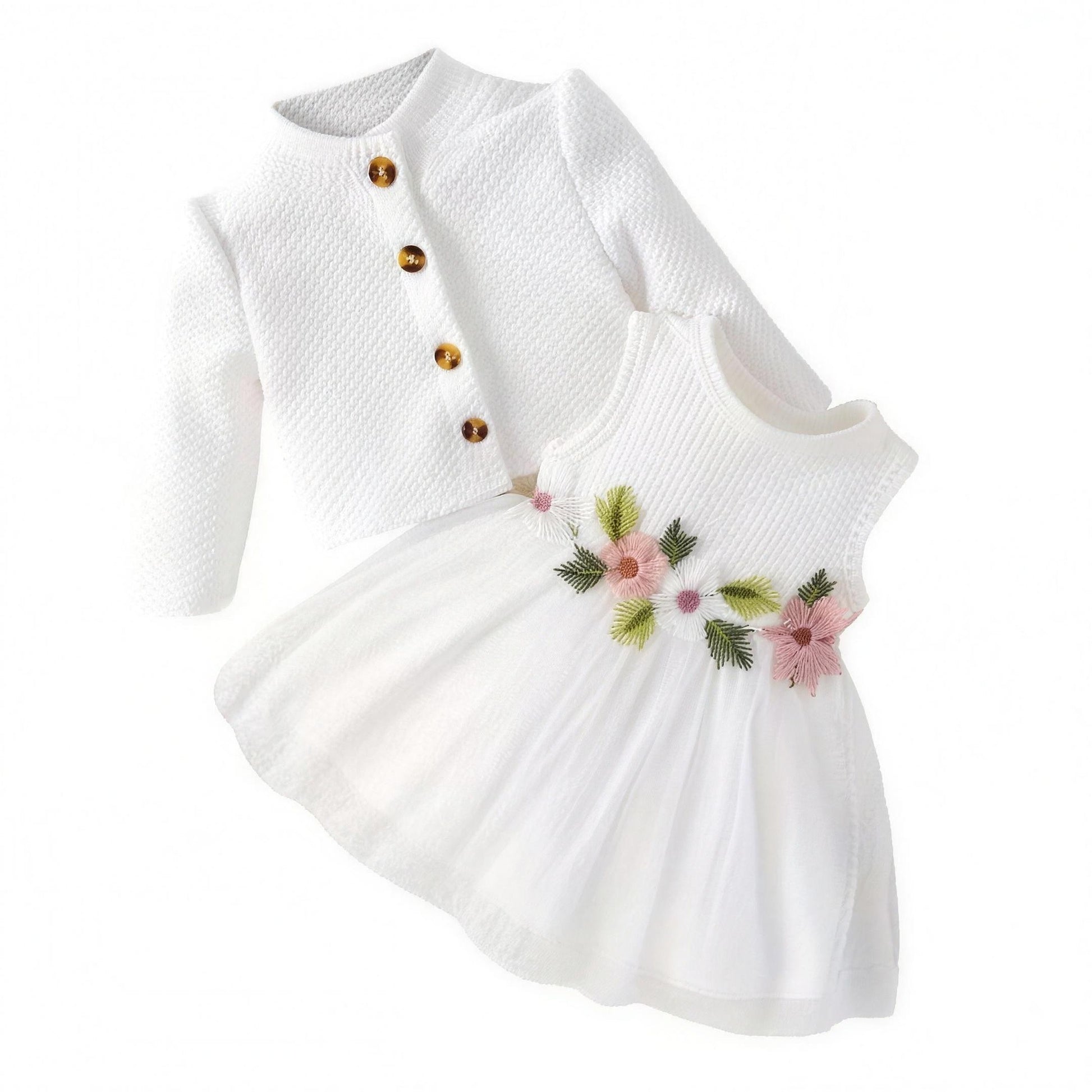 Floral Cardigan Dress Set - White, professional studio photo