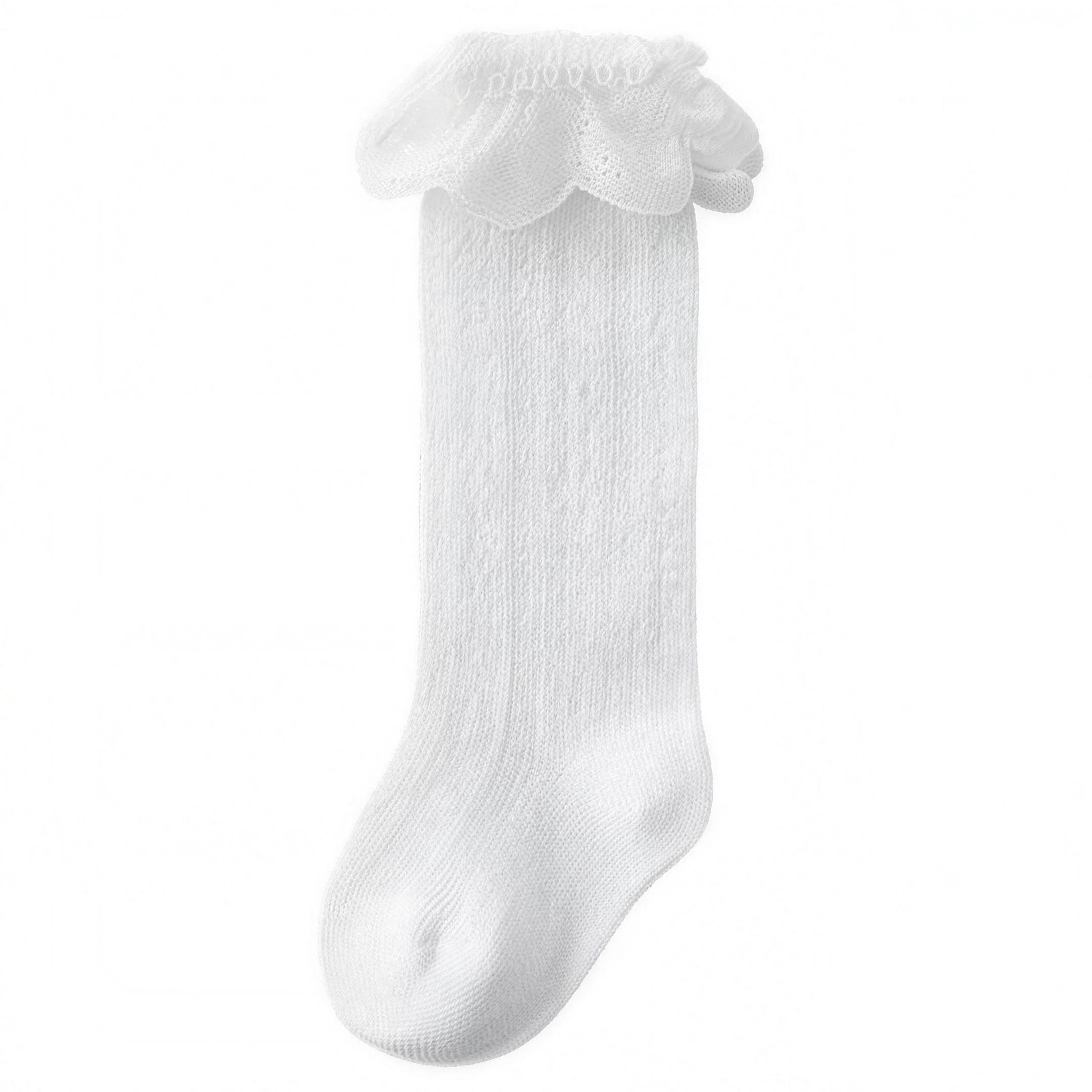 Lace Ruffle Knee-High Socks - White - professional studio photo
