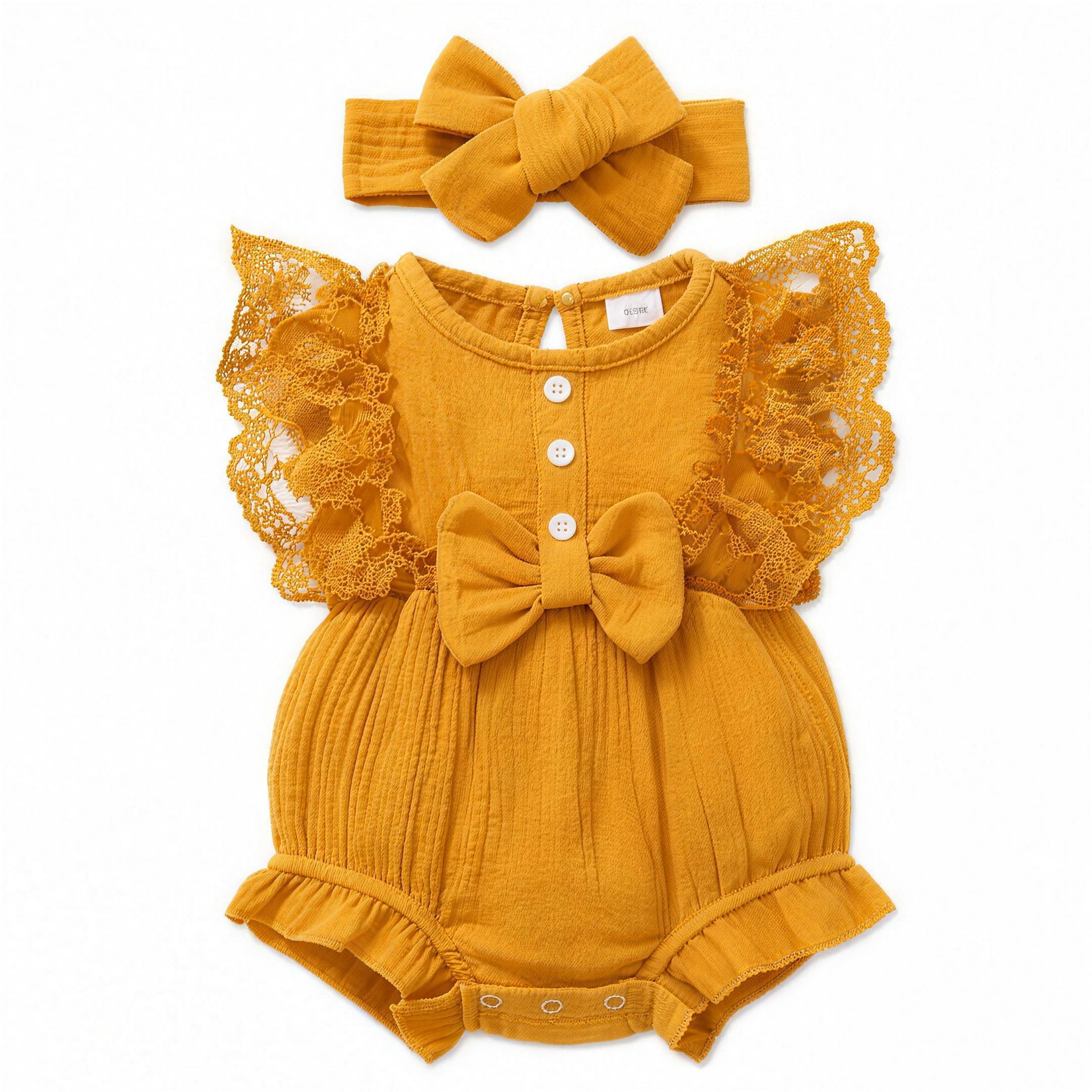 Lace Bow Romper Set - Yellow - professional studio photo